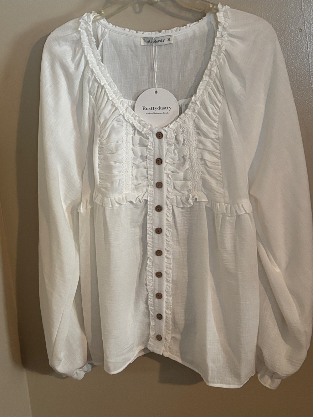 Rusttydustty Women’s Bohemian White Ruffle Button-Front Blouse